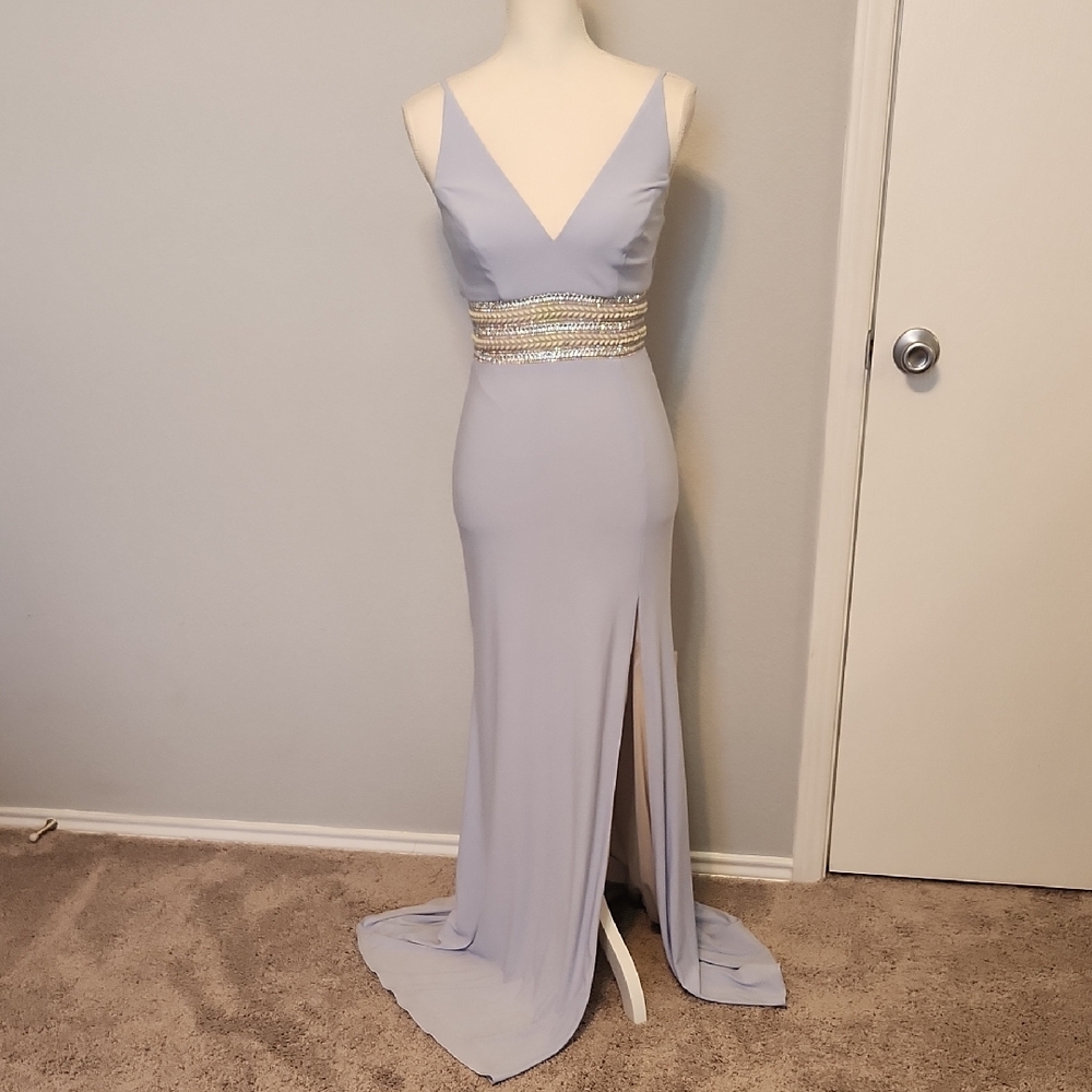 Dazzling Baby Blue Sleeveless V-Neck Maxi Dress with Slit